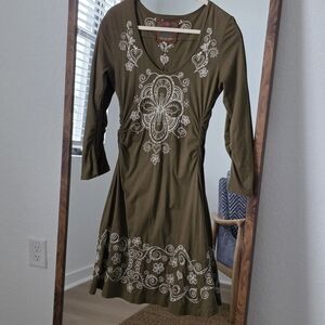 Johnny Was Olive Green Embroidered Mini Dress, Small, Embroidered Tunic Dress